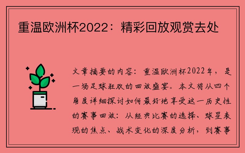 重温欧洲杯2022：精彩回放观赏去处